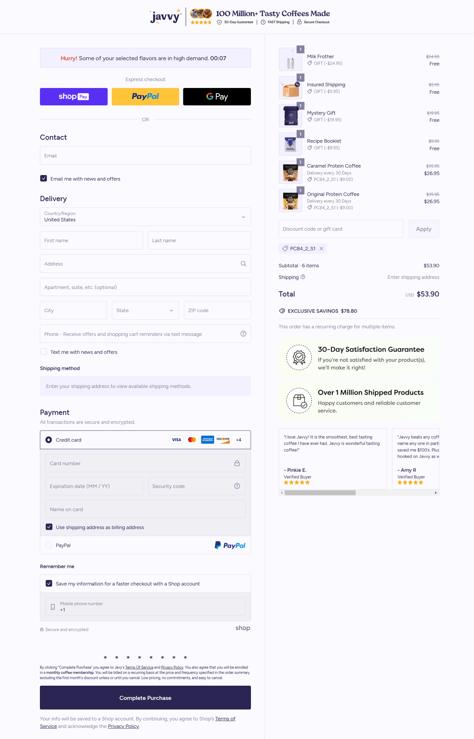 Javvy Protein Coffee checkout page